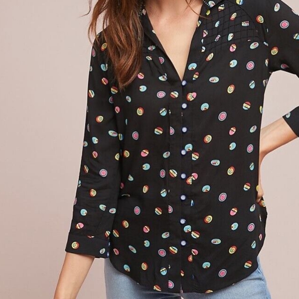 Anthropologie Black Blouse with Button Print